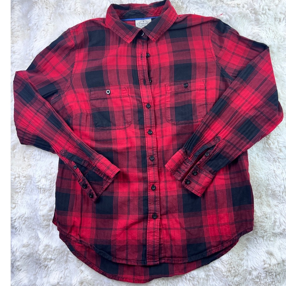 St. Johns Bay Red Black Plaid Flannel Shirt Petite Small PS Cotton Button A40